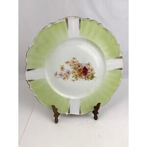 Antique Unmarked Hand Painted Porcelain Plate‎ Green White Floral Gold Trim